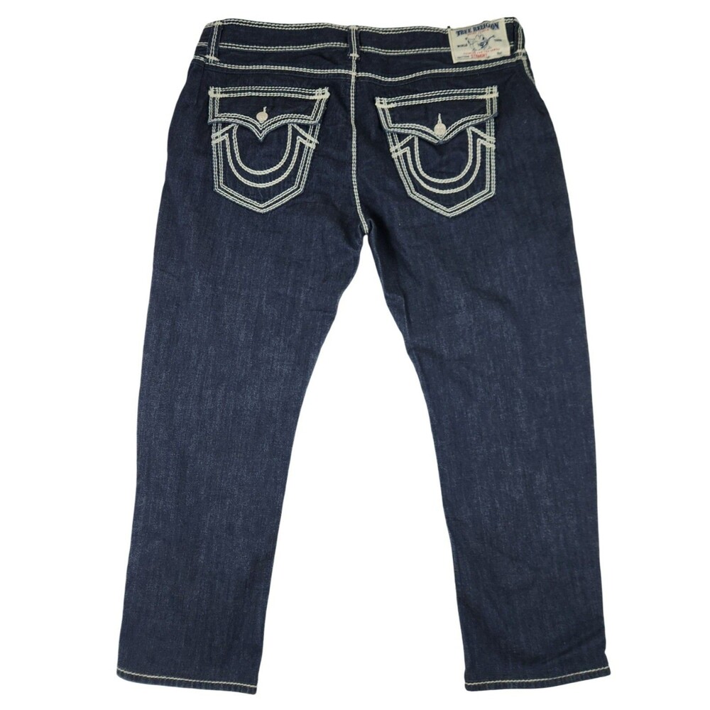 True Religion Ricky Straight Flap Jeans Blue Typhoon Heavy Stitch Mens 46x30 EUC